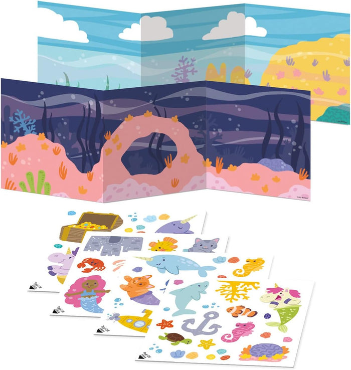 Two foldable ocean background scenes with four sheets of colorful sea creature, mermaid, and treasure stickers.