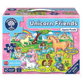Pink Orchard Toys 50-piece puzzle box showing unicorns, fairies, and animals in a magical land with a rainbow.