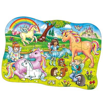 Colorful shaped jigsaw puzzle featuring unicorns, fairies, and animals in a magical meadow under a rainbow.