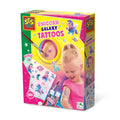Pink and yellow box for glittery unicorn tattoos showing a girl, tattoo designs, brush, and tubes of glitter.