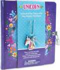 Purple floral diary with a silver lock and a unicorn charm necklace holding a key on a light blue packaging sleeve.