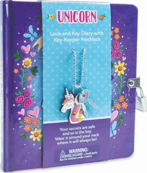 Purple floral diary with a silver lock and a unicorn charm necklace holding a key on a light blue packaging sleeve.