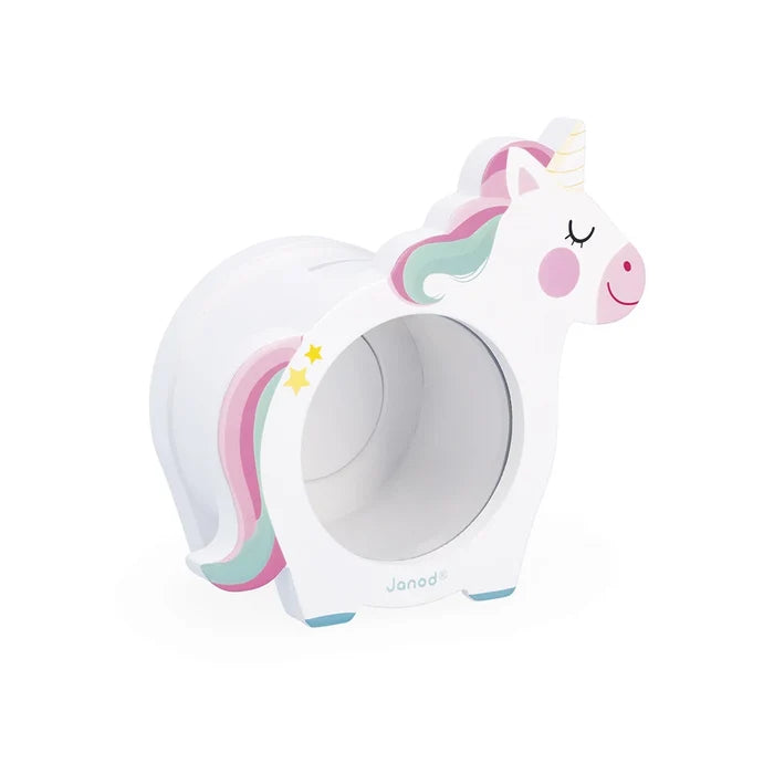 White unicorn money box with pastel rainbow mane, yellow stars, and a transparent circular window in the center.