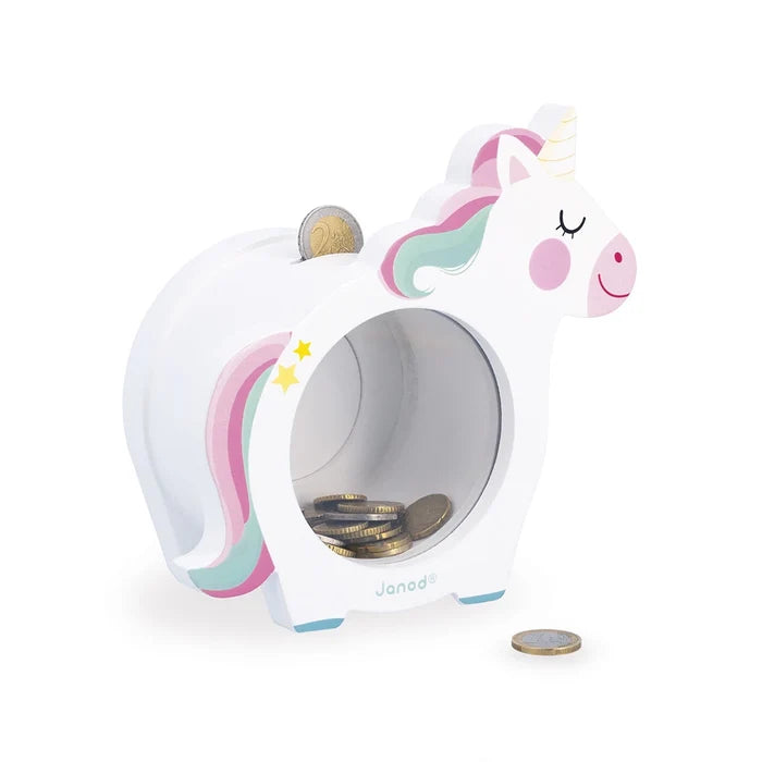 White wooden unicorn piggy bank with a pastel mane and a clear circular window showing coins inside.