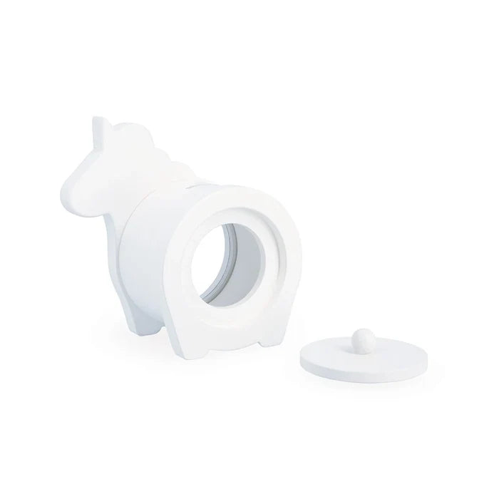 White wooden unicorn-shaped piggy bank with a circular side opening and a detached magnetic lid.