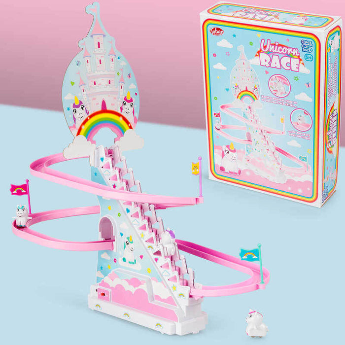 Pink and blue unicorn slide toy with stairs, small figures, and rainbow castle graphics next to its retail box.