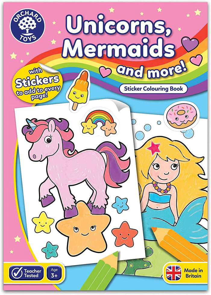 Sticker book cover featuring a pink unicorn, blonde mermaid, and smiling star stickers against a bright rainbow sky.