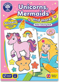 Sticker book cover featuring a pink unicorn, blonde mermaid, and smiling star stickers against a bright rainbow sky.