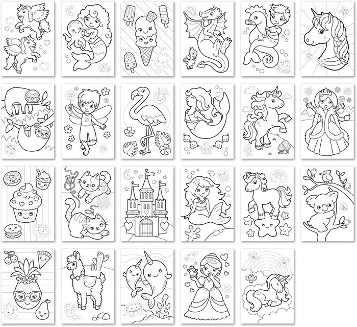 Grid of 23 black and white coloring sheets featuring unicorns, mermaids, animals, princesses, and sweet treats.