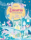 Usborne Unicorns Sticker Book cover with colorful unicorns, a crystal castle, and a large moon. Over 250 stickers.