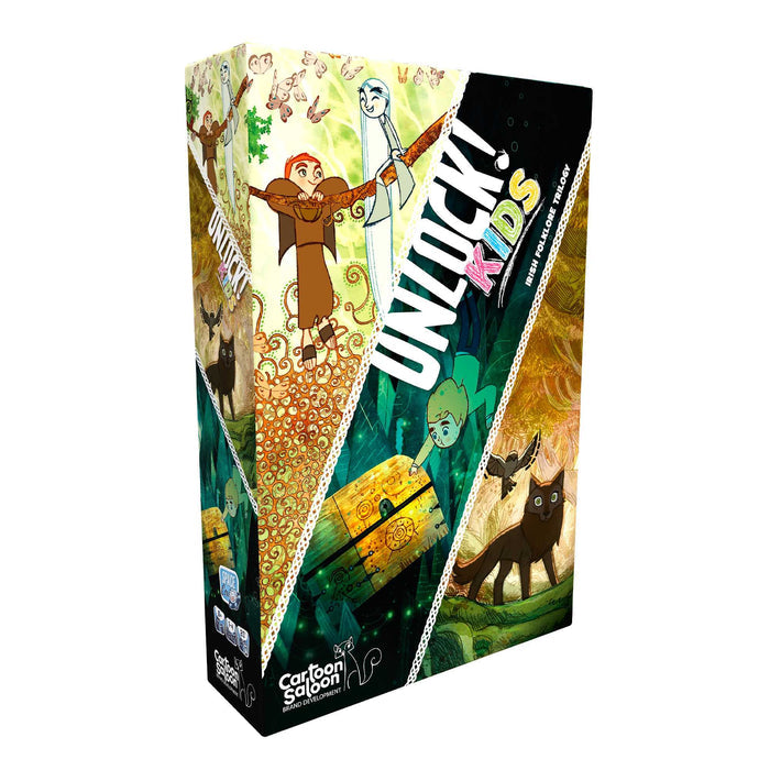 Rectangular game box featuring vibrant hand-drawn Irish folklore characters, a wolf, and a treasure chest in a forest.