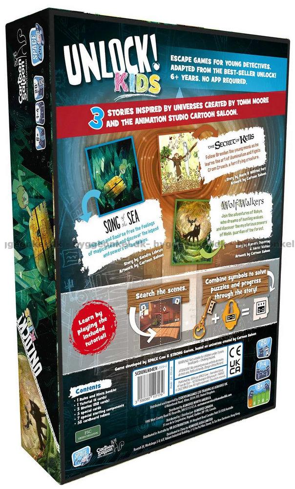 Back of blue Unlock! Kids board game box featuring movie art, gameplay instructions, and product contents.