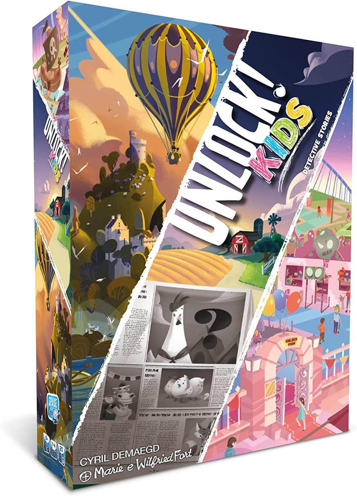 Vertical rectangular box with colorful cartoon scenes: a hot air balloon, castle, farm, and pink amusement park.