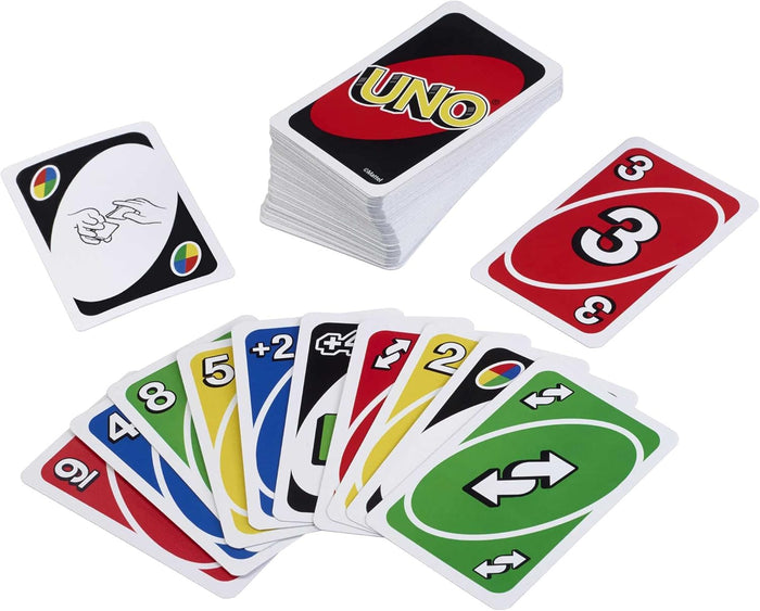 Deck of Uno cards with a fanned hand of colorful number and action cards and two face-up cards on a white background.