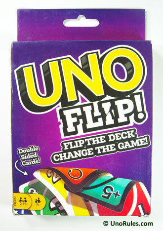 Purple Uno Flip card game box with large yellow and white lettering and colorful double-sided card illustrations.