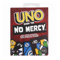 Red rectangular UNO Show 'em No Mercy box with bold text and illustrations of a black +10 penalty card.