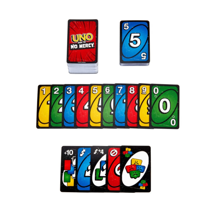 UNO Show 'em No Mercy cards: draw pile, blue 5, number cards 0-9, and special action cards like +10 and Wild.