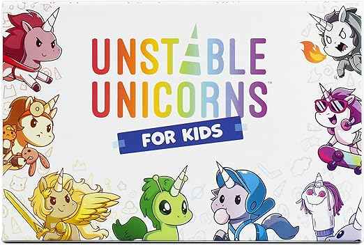 White box featuring rainbow text surrounded by colorful cartoon unicorns in costumes like a doctor and superhero.