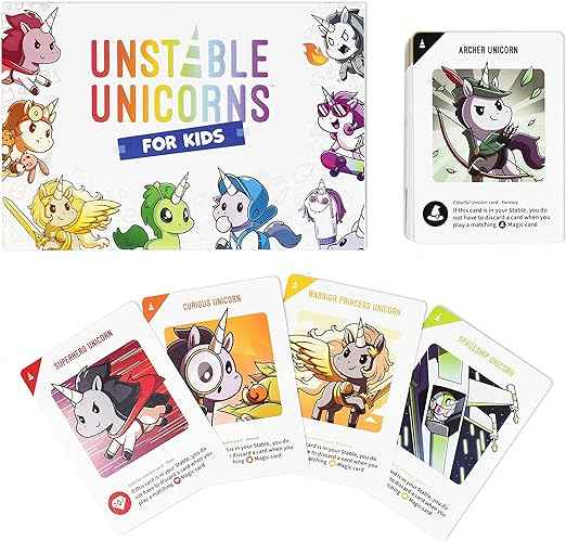 Unstable Unicorns for Kids game box and five illustrated cards featuring colorful, cute cartoon unicorns.