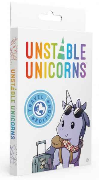 White box with rainbow text, a blue Travel Edition seal, and a purple unicorn in sunglasses with a suitcase.