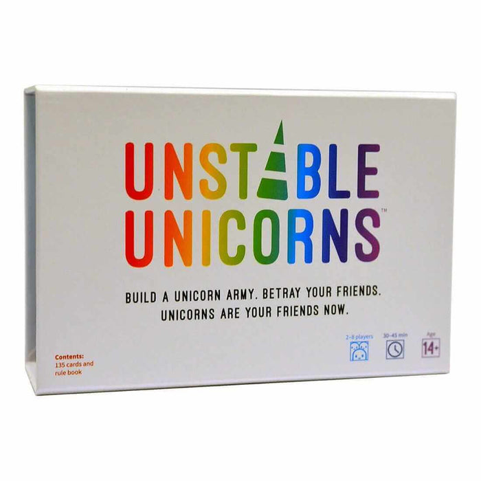 White rectangular box with the title Unstable Unicorns in rainbow letters and a green horn icon over the letter A.