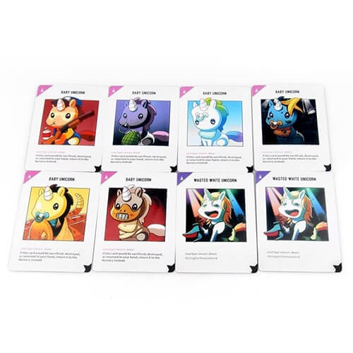 Eight Unstable Unicorns cards in two rows featuring colorful cartoon unicorn illustrations on white backgrounds.