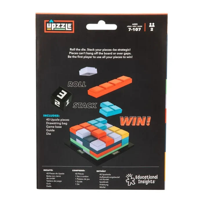 Back of Upzzle game box showing colorful geometric blocks being stacked on a board based on a die roll.