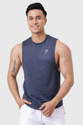 Dark grey Fuaark Nz Urban Deep Arm Tank Top for men, shown on a model with a fitted sleeveless design and casual style.