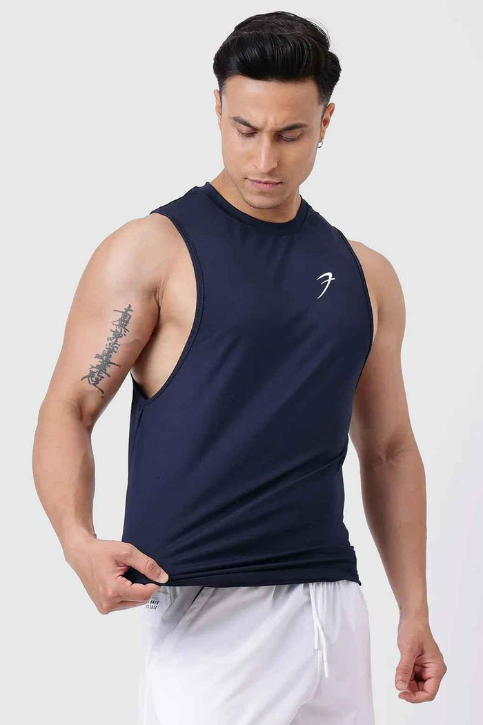 Navy Urban Deep Arm Tank Top by Fuaark Nz, stylish and comfortable sleeveless shirt for casual wear and everyday style.