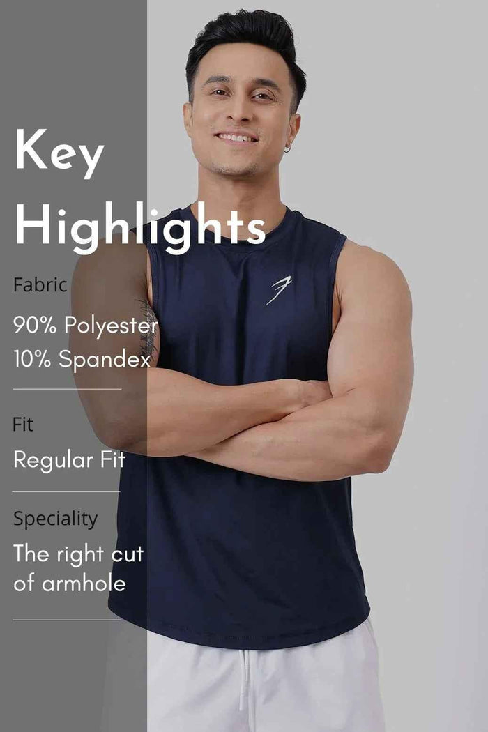 Navy Urban Deep Arm Tank Top by Fuaark Nz, stylish and comfortable sleeveless shirt perfect for casual wear.