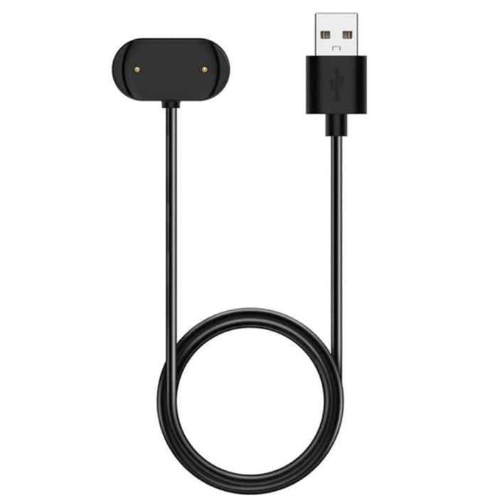Black USB-A charger for Amazfit GTR3, GTR4, GTS3, GTS4, T-Rex 2, and Cheetah smartwatches, 1 meter cable.