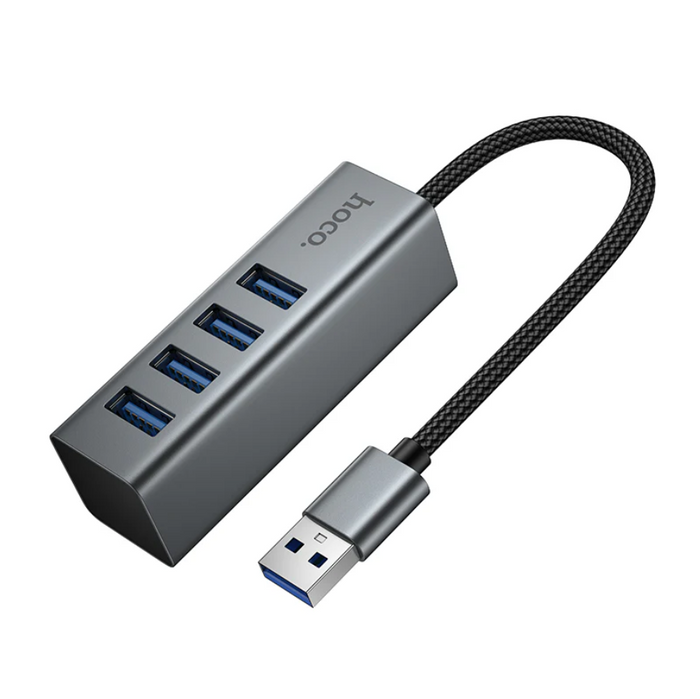 TechPlus USB A to 4 Port USB 3.0 Expansion Hub with 5Gbps transfer speed, shown connected to a computer.