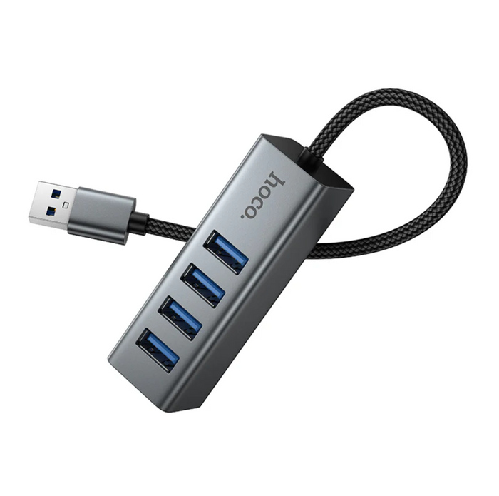 Techplus USB A to 4 Port USB 3.0 Expansion Hub with 5Gbps transfer speeds, shown connected to a computer.