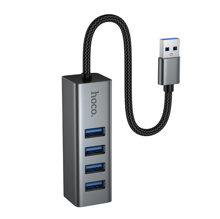Techplus USB A to 4 Port USB 3.0 expansion hub with high-speed 5Gbps transfer, shown connected with multiple USB devices.