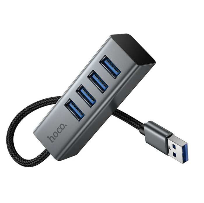Techplus USB A to 4-port USB 3.0 expansion hub showing four USB ports and sleek black design with LED indicator
