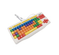 White children's computer keyboard with large, color-coded keys in rainbow colors and an attached USB cable.