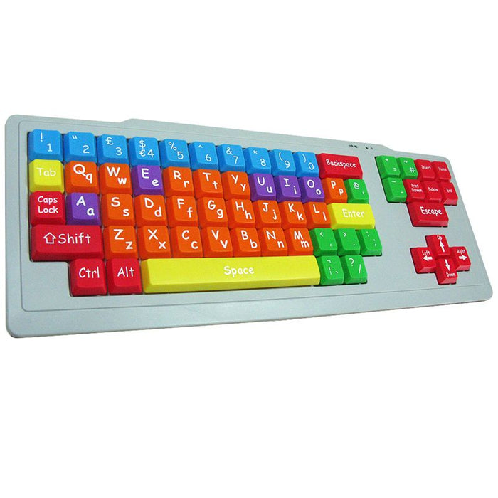 Grey keyboard with oversized keys in bright blue, orange, red, and green with large, easy-to-read white letters.