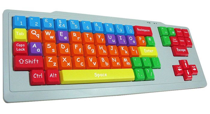 Child's keyboard with chunky, multi-colored keys featuring large upper and lowercase letters on a light gray frame.