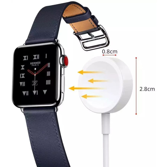 Wireless USB charger for Apple Watch, portable and compact by That Watch Shop, shown connected and ready to charge.