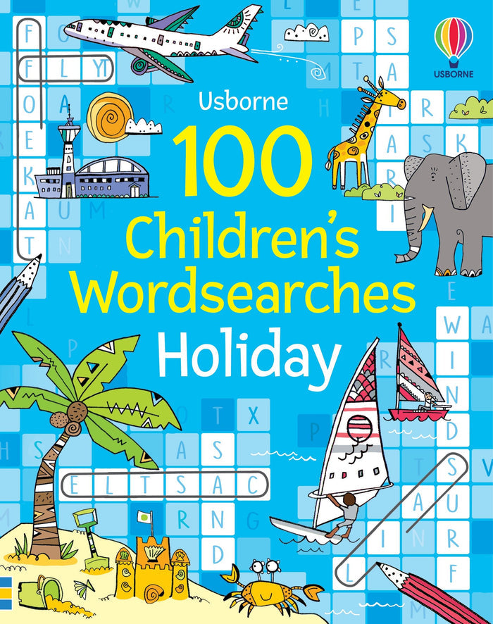 Bright blue activity book cover featuring an airplane, giraffe, and palm tree around wordsearch puzzle grids.