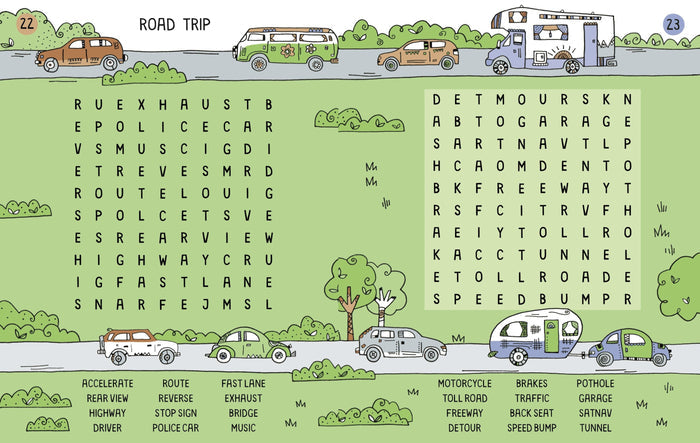 Two-page road trip word search with colorful cartoon cars, campers, and word lists on a bright green background.