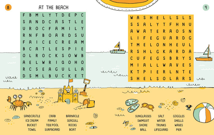 Two-page beach-themed word search puzzle with colorful illustrations of sandcastles, sea creatures, and beach gear.
