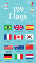 Light blue book cover for Usborne 199 Flags showing a grid of 12 national flags and small sailboat illustrations.