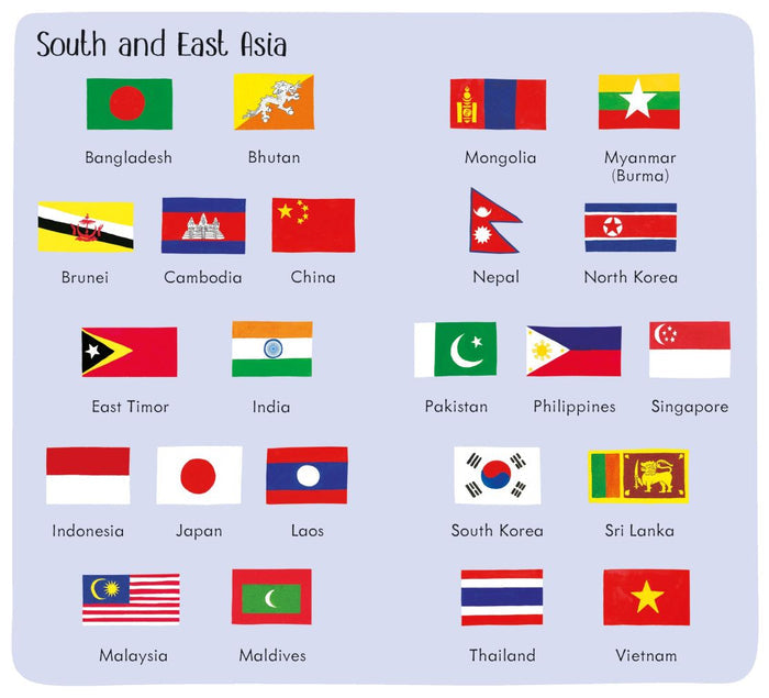 Educational chart titled South and East Asia featuring 20 national flags with country names in a grid layout.