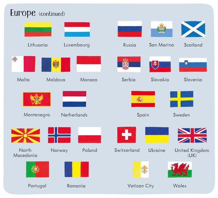 Educational book page showing a grid of European flags with their country names on a pale blue background.