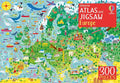 Colorful illustrated map of Europe jigsaw puzzle with green land, blue sea, landmarks, and a red 300 pieces label.