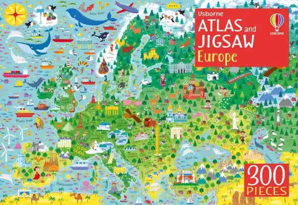 Colorful illustrated map of Europe jigsaw puzzle with green land, blue sea, landmarks, and a red 300 pieces label.