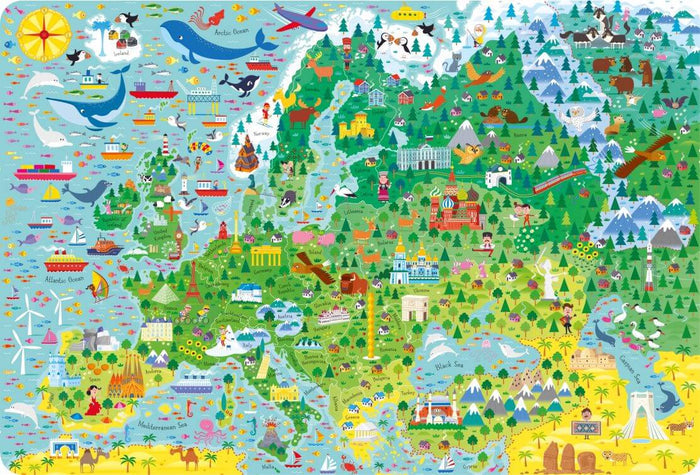 Colorful, detailed cartoon map of Europe with vibrant illustrations of landmarks, animals, and ships for children.