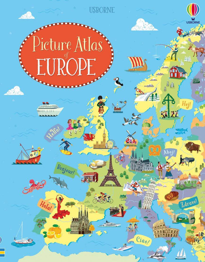 Colorful cartoon map of Europe featuring icons of landmarks, people, and greetings on a light blue background.