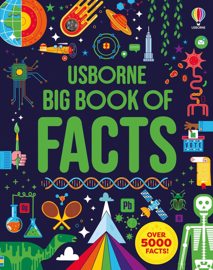 Dark blue book cover with green text and colorful icons of planets, a rocket, DNA, a skeleton, and a yellow badge.